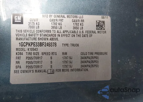 2011 Chevrolet Silverado 1500 Work Truck from USA, damaged, VIN 1GCPKPE33BF249378